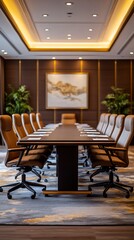 Luxurious conference room with long table, leather chairs, and subtle lighting.  Plants add a touch of nature