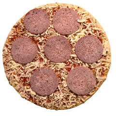 one salami pizza isolated on white background, template for designer.