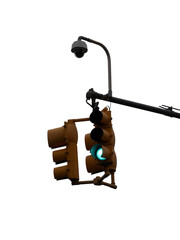 a yellow hanging traffic light with green light isolated on white background, template for designers.