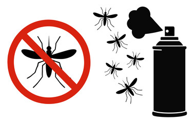 Illustration of a mosquito with a prohibition sign and spray can emitting pesticide for control use