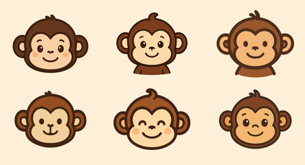 Collection of six cartoon monkey faces with varying expressions and brown and beige coloring style