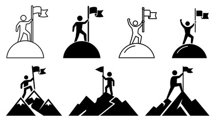 Illustrations depicting stick figures reaching the summit and planting flags on top of hills and mountains