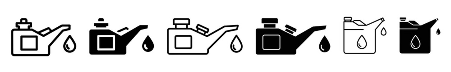 Depiction of various fuel container icons with spouts and liquid drops in black and white styles