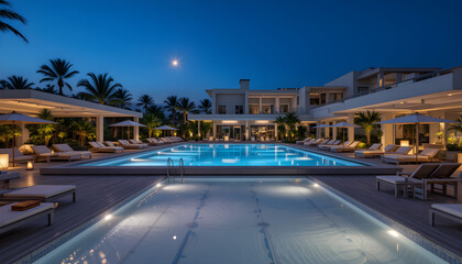 Obraz premium Modern poolside lounge with LED lights and comfortable seating, ambient lighting, luxurious hotel