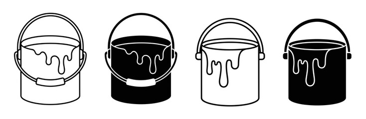 Four paint buckets with handles and dripping paint in black and white color scheme in a row view