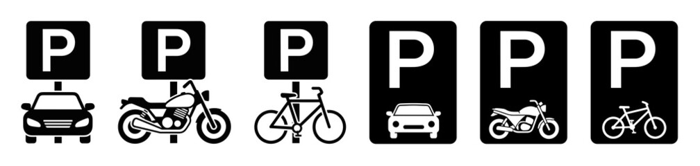 Illustrative parking signs with car motorcycle and bicycle symbols indicating designated parking areas