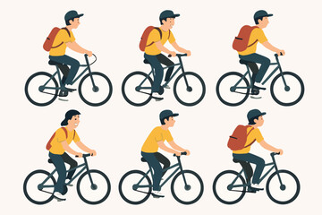 Obraz premium vector set a teenager is riding a bicycle with a simple and minimalist flat design style, plain white background 
