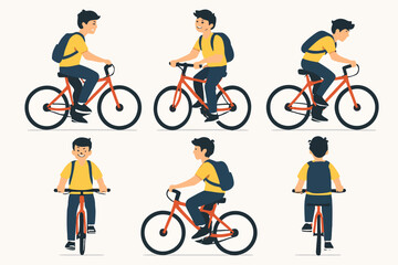 vector set a teenager is riding a bicycle with a simple and minimalist flat design style, plain white background
