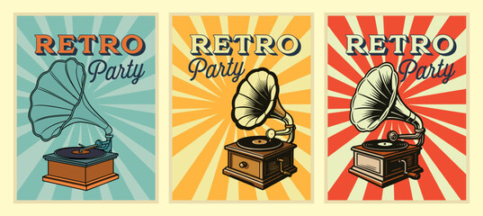 Three vintage posters featuring retro party themes with gramophones and radial backgrounds, each unique