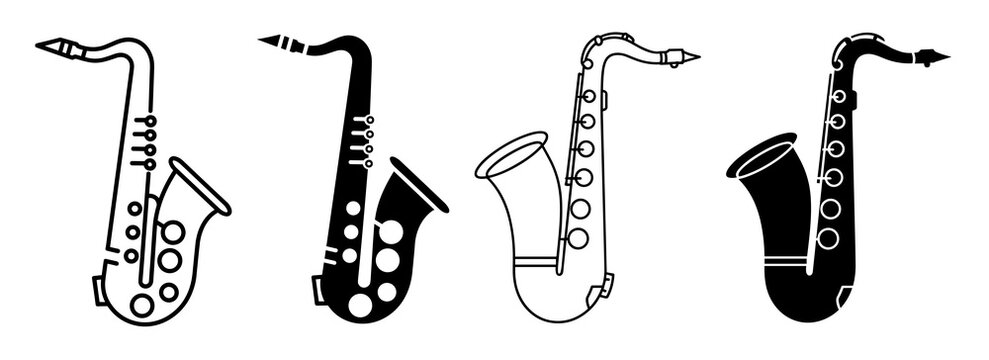 Four saxophone illustrations in black and white showing musical instruments in different styles