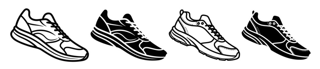 Illustration of four different athletic shoes in black and white with laces and thick soles design