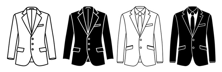 Four suits in black and white showing different styles and designs of formal wear for men fashion icon