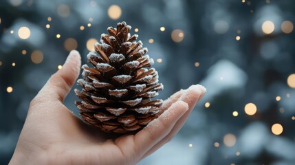 Snowy pinecone on woman's hands with Christmas lights
