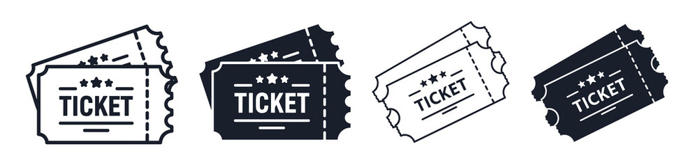 Illustration of various ticket designs in black and white with stars and the word ticket on them