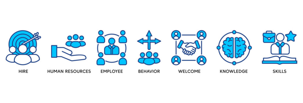 Onboarding icon set vector illustration concept relate to human resources business industry to introduce newly hired employee into an organization with behavior, welcome, knowledge, and skills icon