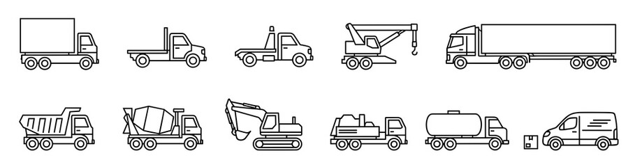 Line art illustration showing a collection of various types of trucks and construction vehicles in black and white
