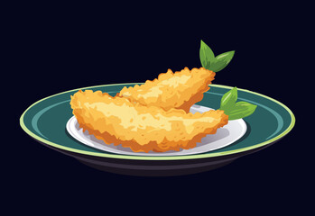 Two Golden Fried Shrimp with Garnish - Vector Illustration