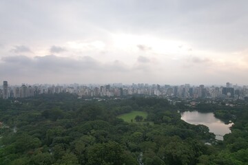 Fototapeta premium Sao Paulo skyline view over park and lake during cloudy morning