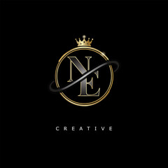 NE Luxury Creative Logo – Elegant Gold Monogram Letter mark with Crown, Circle & Royal Style for Fashion, Boutique, Jewelry, Branding & Premium Identity Design