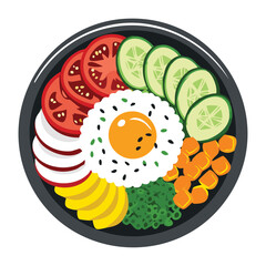 Delicious Bibimbap Bowl with Fresh Toppings - Vector Illustration