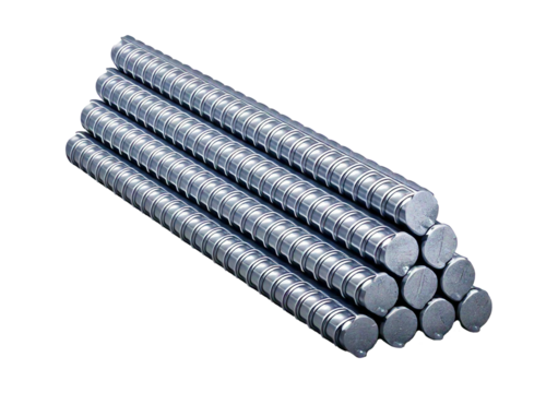 New Reinforcing Steel Bars Stack, Silver, Isolated on Transparent or White Background