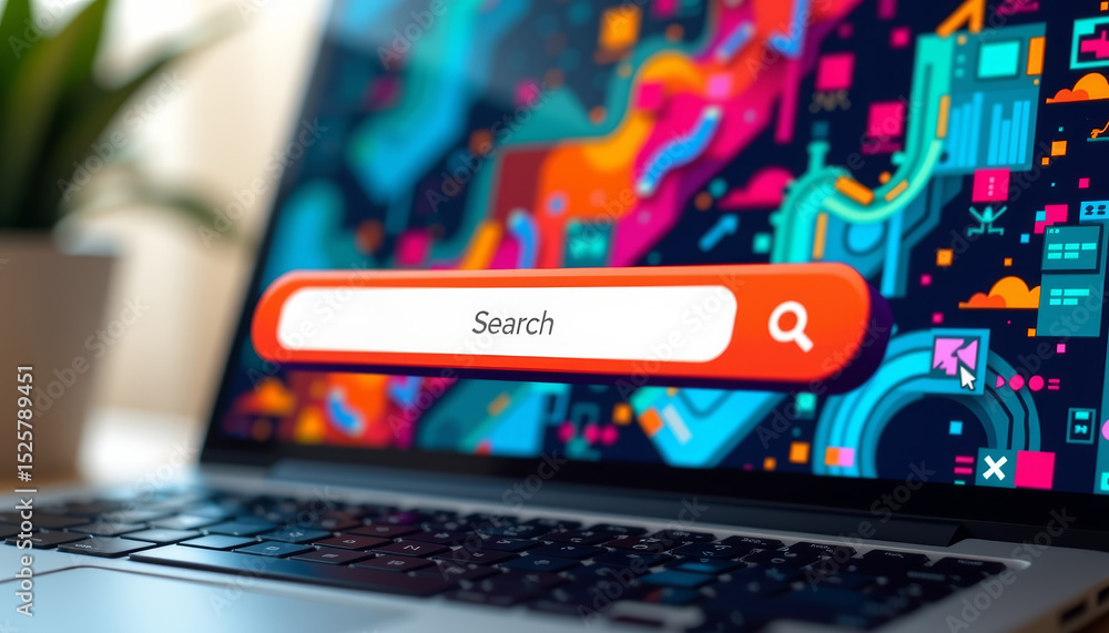 Poster closeup of colorful ui search bar laptop screen, showcasing vibrant graphics and design elements tha