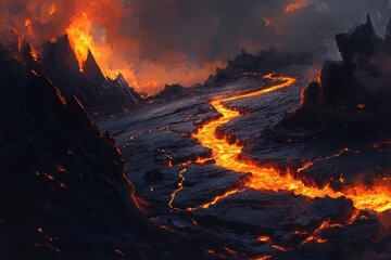Fototapeta premium A fiery landscape of molten rock flowing through rugged terrain.