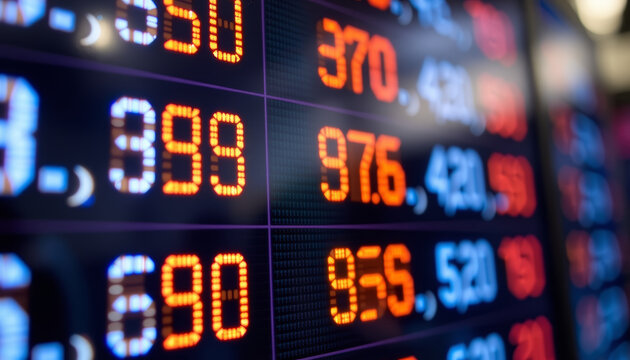 Closeup of LED stock ticker displaying financial data with bright colors and numbers, conveying market activity and trends