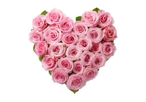 Pink roses in the shape of a heart isolated on transparent or white background