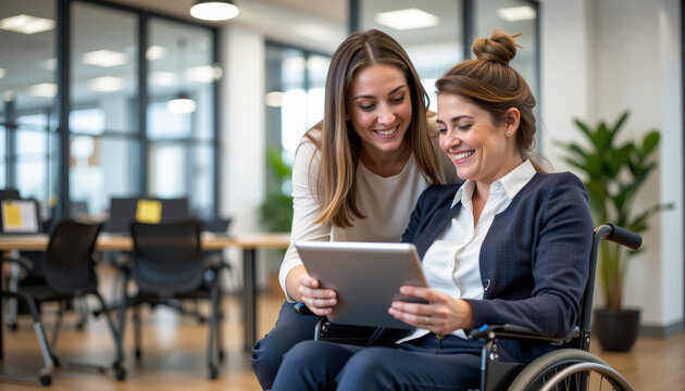 Empowered women collaborating in modern office, sharing ideas on tablet, showcasing teamwork and support