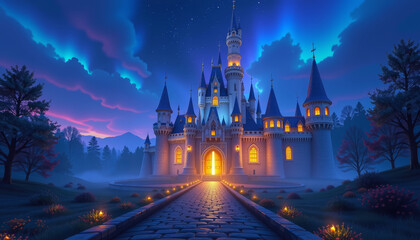 Glowing enchanted castle stands majestically under starry sky, surrounded by lush trees and serene pathway