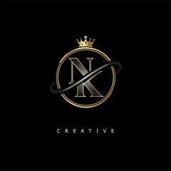 NK Luxury Creative Logo – Elegant Gold Monogram Letter mark with Crown, Circle & Royal Style for Fashion, Boutique, Jewelry, Branding & Premium Identity Design