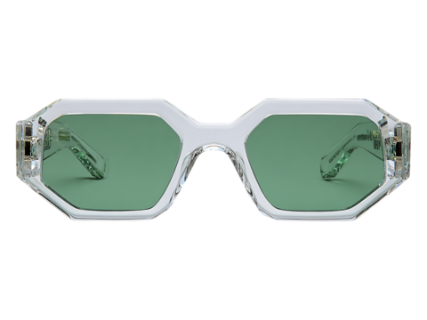 Close up of clear framed sunglasses with green tinted lens