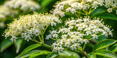 Close-up of Sambucus nigra plant flowers with delicate white petals and yellow center, surrounded by lush green leaves in a floral arrangement, nature photography, botanical illustration