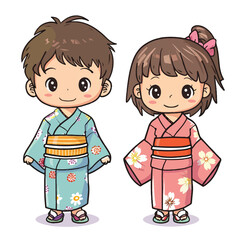 Cute Kids Wearing Traditional Japanese Kimono