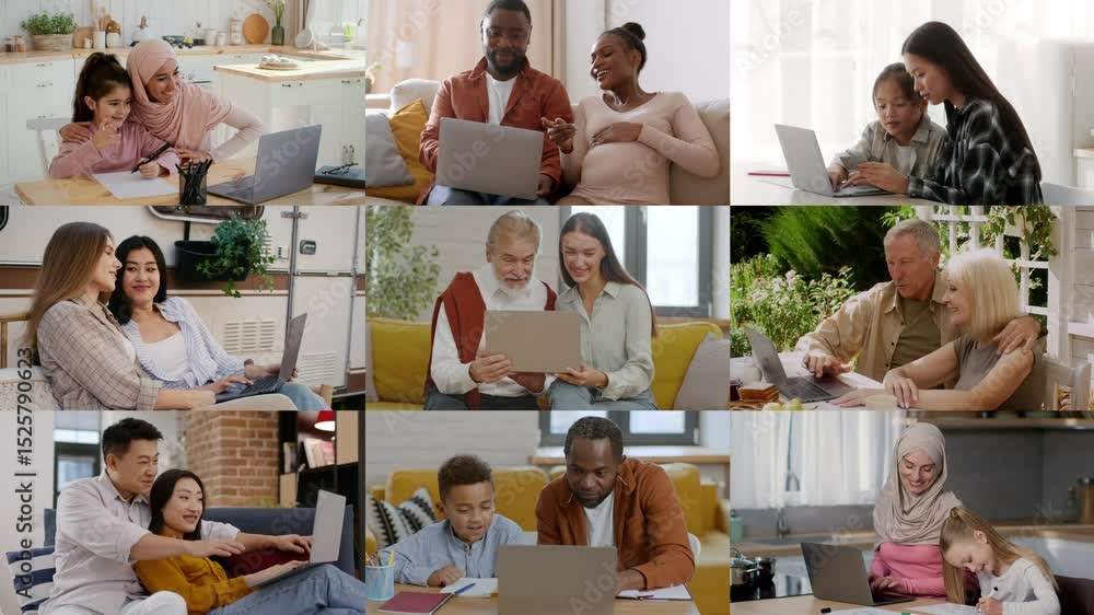 Poster groups of diverse individuals engage with laptops in various cozy environments. they share ideas and