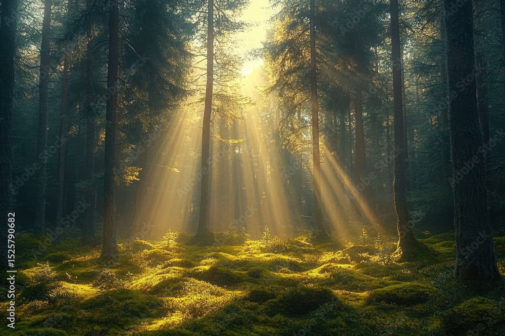 Poster sunlight beams shining through tall trees illuminating a moss-covered forest floor creating a serene
