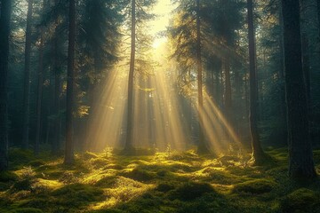 Obraz premium Sunlight beams shining through tall trees illuminating a moss-covered forest floor creating a serene and mystical atmosphere