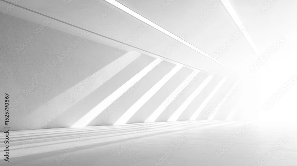 Poster bright white empty room with angled beams of sunlight casting shadows on the floor and walls creatin