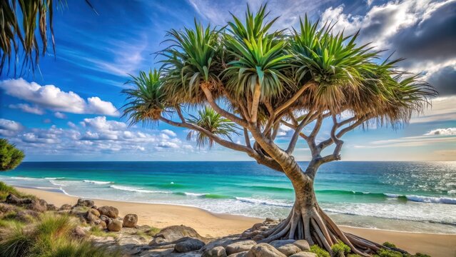 Tall Pandanus tree with long leafy branches and trunk on a tropical island beach