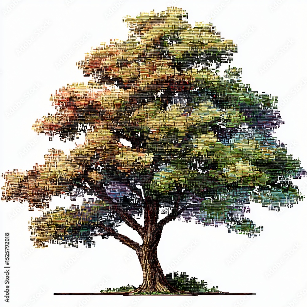 Poster abstract tree with pixelated leaf textures creates a unique and modern botanical illustration