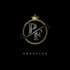 Obraz premium PF Luxury Creative Logo – Elegant Gold Monogram Letter mark with Crown, Circle & Royal Style for Fashion, Boutique, Jewelry, Branding & Premium Identity Design