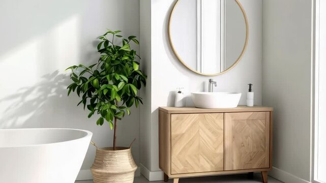 Bright spacious bathroom interior with white freestanding tub, modern vanity with vessel sink, round mirror and indoor plants.