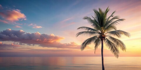 Fototapeta premium Softly glowing palm tree stands alone against a serene pastel-hued sky with gentle waves in the background