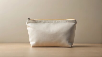 A blank canvas makeup bag mockup on a beige surface with a subtle texture and minimal shadows