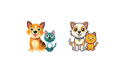 Fototapeta premium Cartoon Dog and Cat Illustrations Two Pairs of Smiling, Cute and Playful Animals