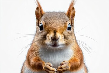 Obraz premium close-up of a curious red squirrel with bright eyes and whiskers against a plain white background