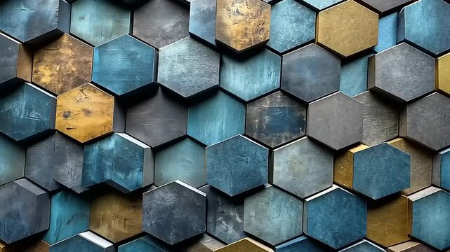 Abstract hexagon tiles design with metallic blue and gold tones creating a modern look