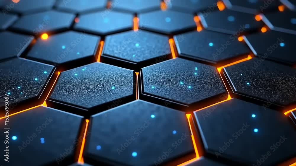 Poster abstract hexagonal background with glowing blue dots and orange outline animation