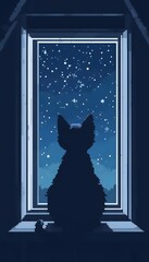 A pixel art image of a cat silhouette looking out a window at a starry night sky